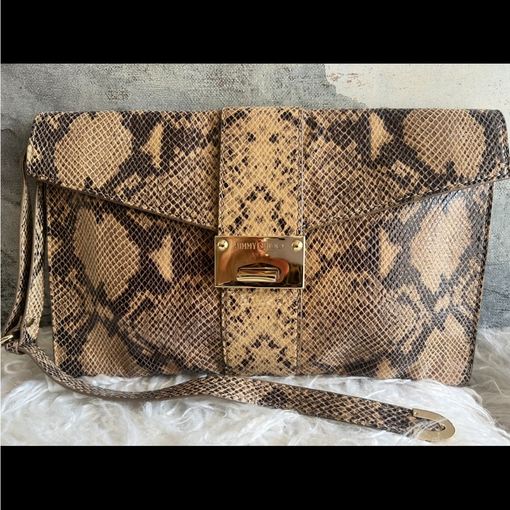 Jimmy Choo Tan and Brown Snake Print Clutch
